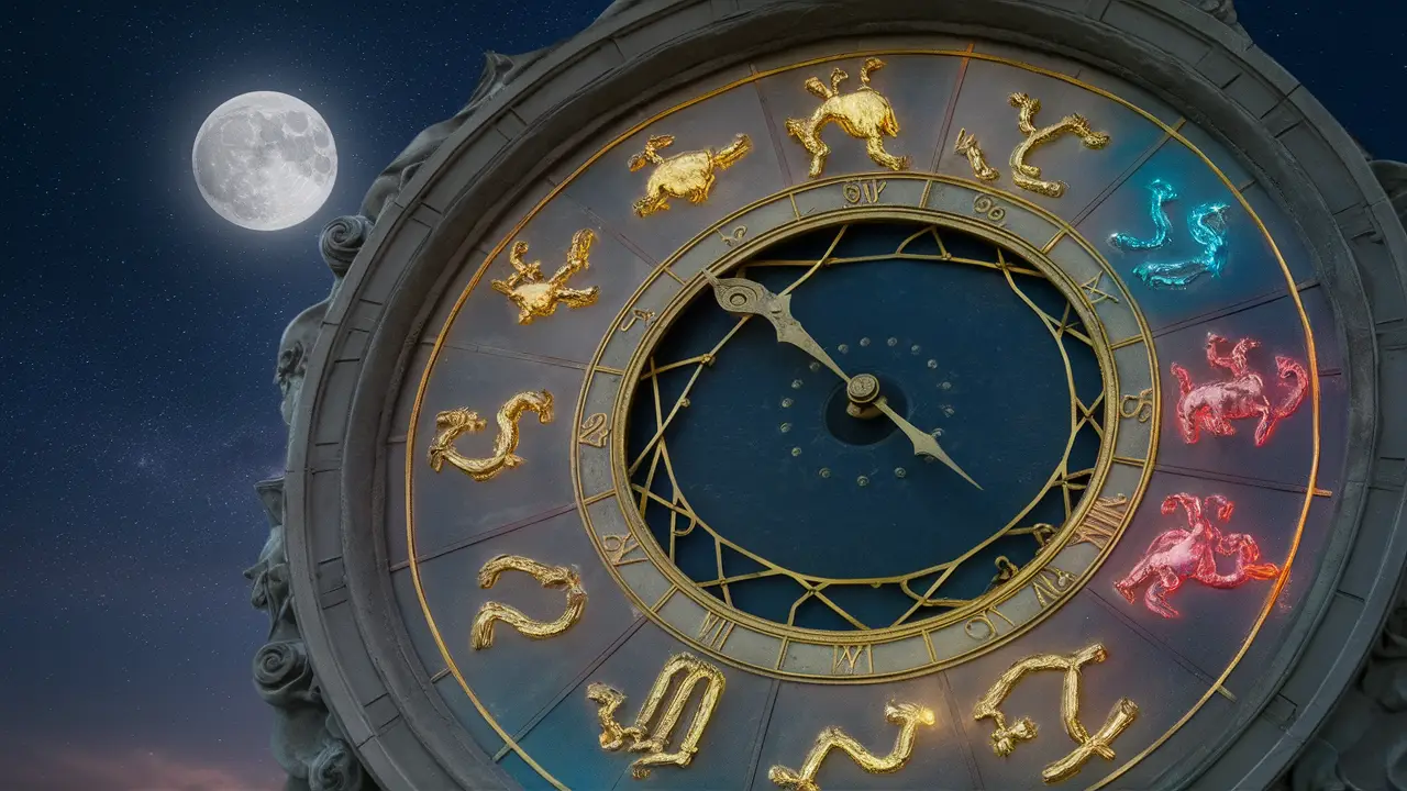 Relógio astrológico grande com símbolos do zodíaco brilhantes sob um céu estrelado com lua cheia.