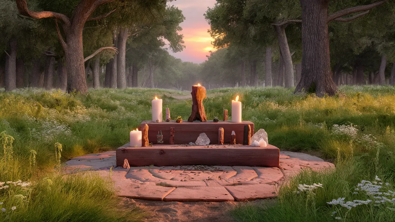 Altar de madeira com velas, cristais e ervas em clareira de floresta ao pôr do sol, rodeada de carvalhos e flores silvestres.