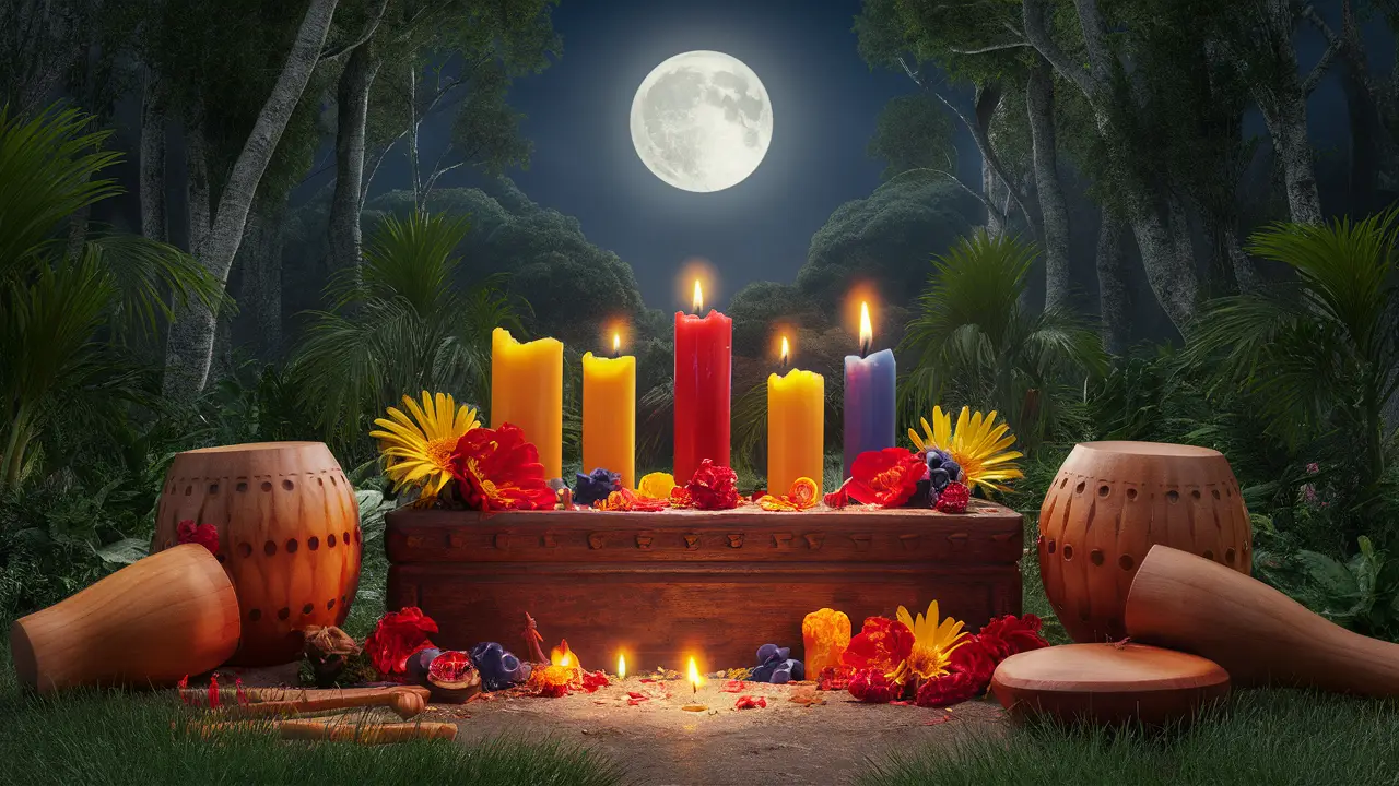 Altar em uma clareira de floresta com velas coloridas, flores tropicais e instrumentos de percussão sob a luz da lua.