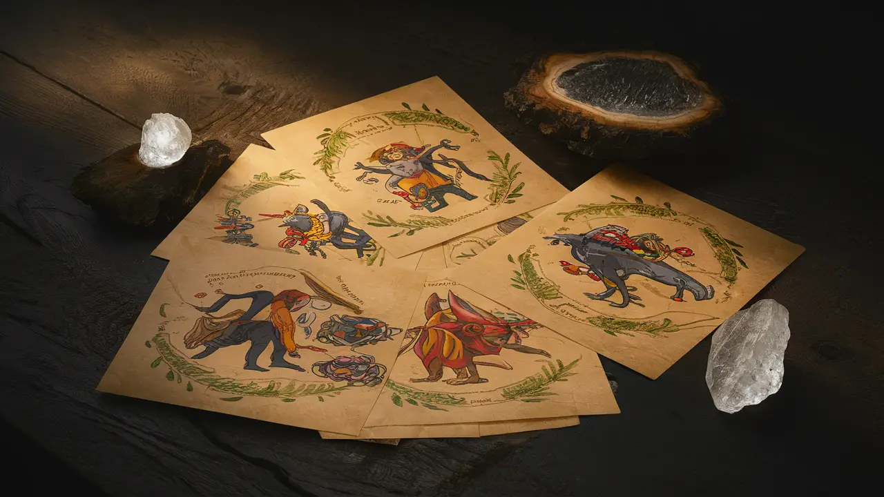 Cartas de tarô detalhadas e coloridas em uma mesa de madeira, com um cristal de quartzo ao lado.
