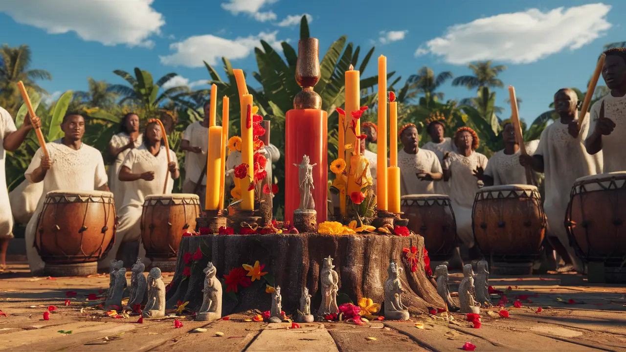 Cerimônia de Umbanda ao ar livre com altar central, velas, flores, estatuetas e pessoas vestidas de branco tocando tambores.