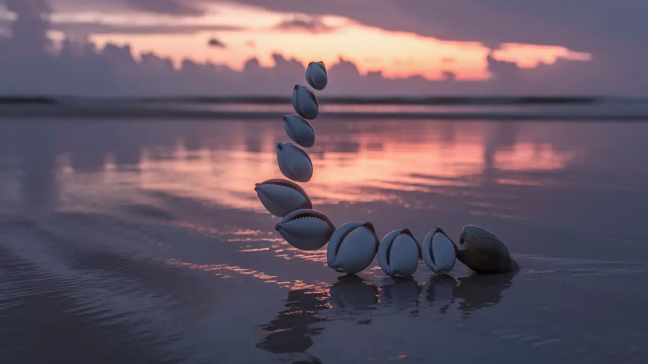 Conchas em espiral na areia molhada ao pôr do sol com tons laranja e roxo.