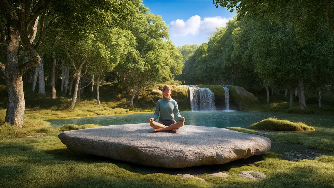 Pessoa meditando em uma clareira na floresta com cachoeira ao fundo e céu azul claro.