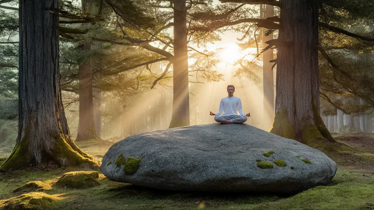 Pessoa meditando em uma clareira da floresta ao amanhecer, cercada por árvores antigas e luz do sol suave.