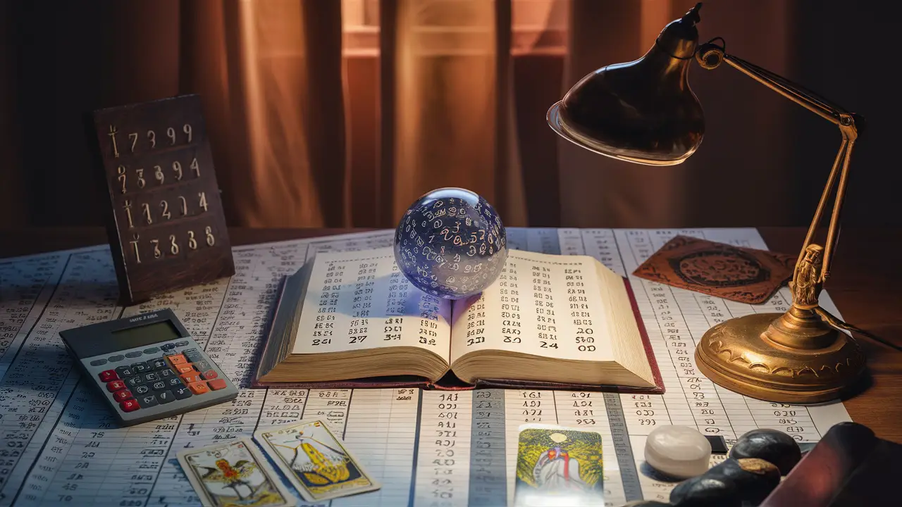 Mesa com tabelas numéricas, calculadora, cartas de tarô, bola de cristal e livro aberto com números sob lâmpada.