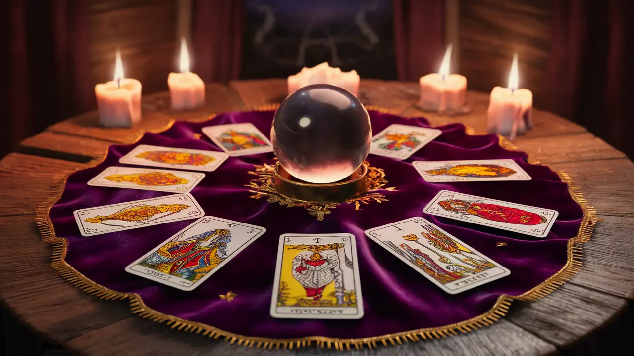 Mesa de madeira com cartas de tarô e bola de cristal, velas acesas ao redor e tecido roxo com bordado dourado.