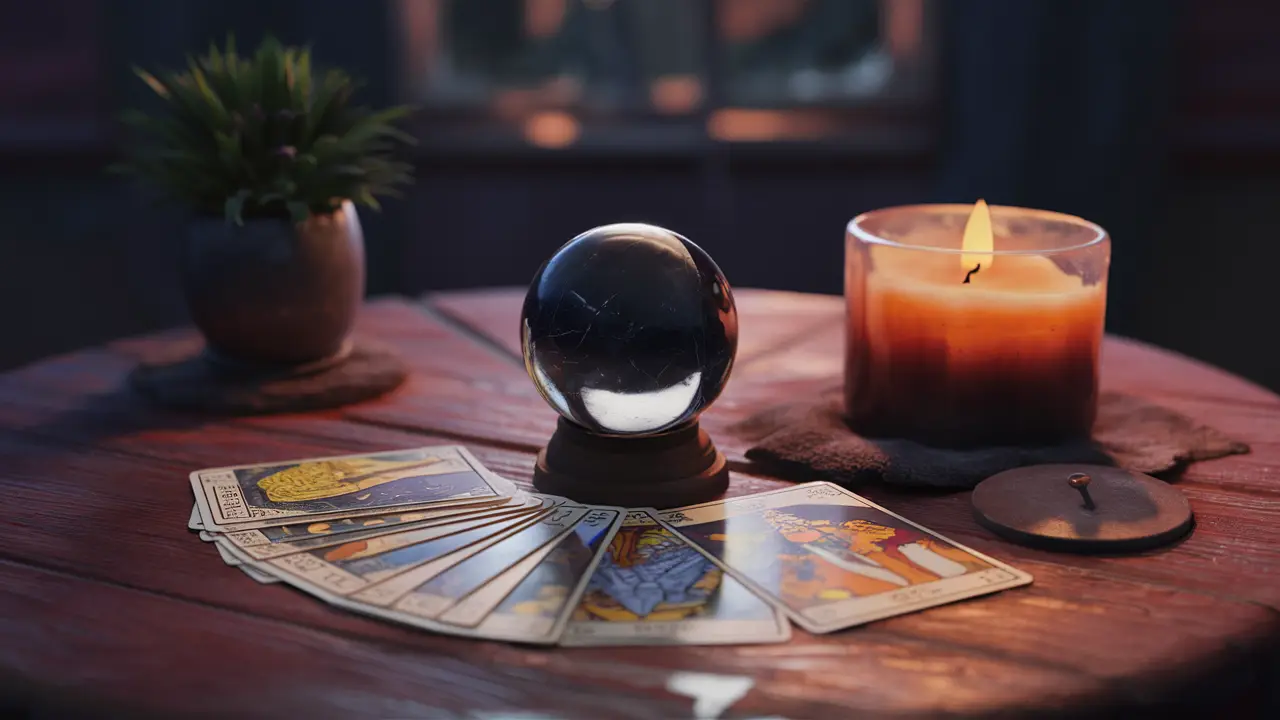Tarot cards spread on a wooden table with a crystal ball, candlelight, and a small plant.