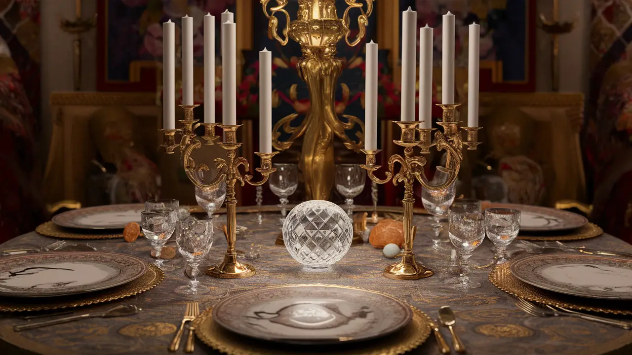 Mesa com cartas de tarô, bola de cristal, velas acesas e pedras preciosas coloridas.
