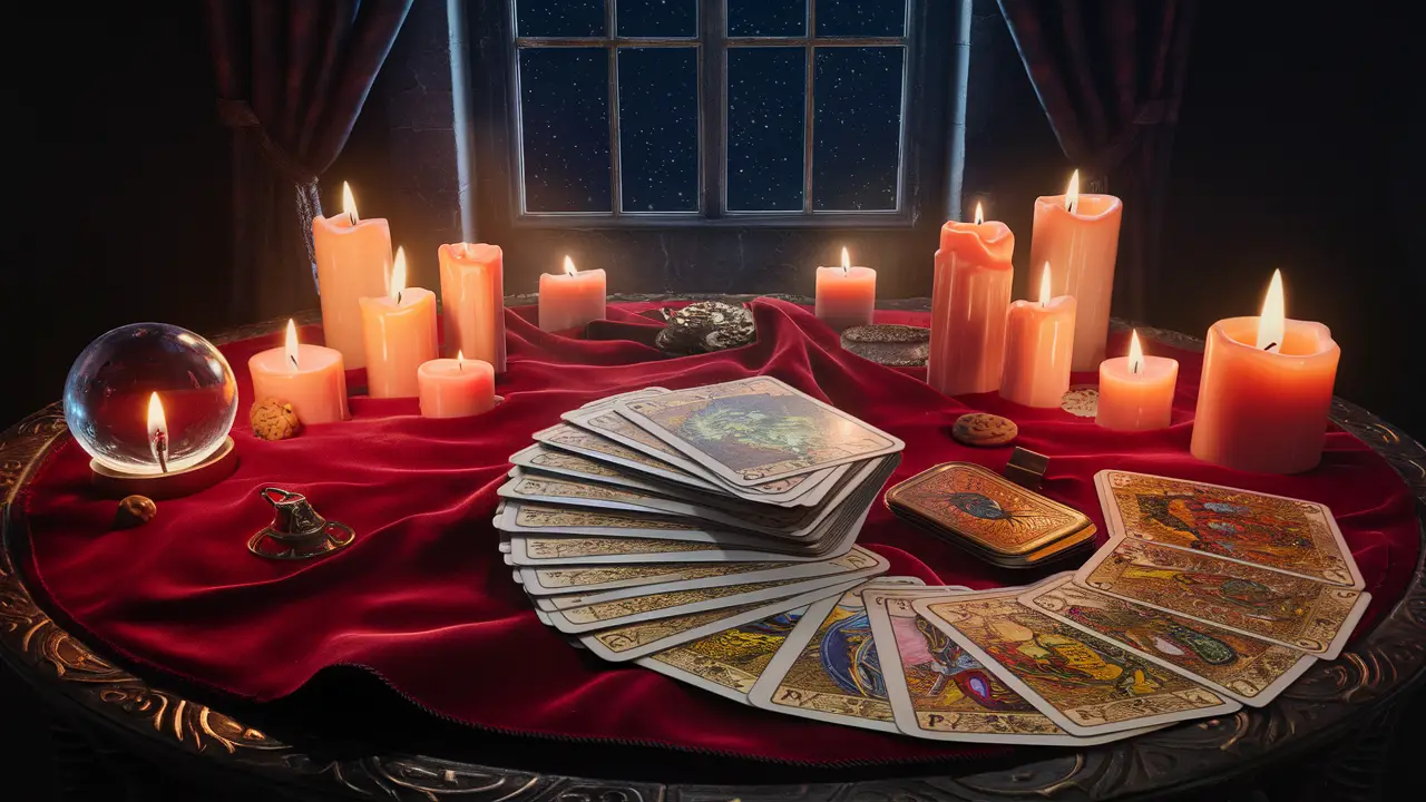 Mesa de tarô com toalha de veludo vermelho, velas acesas, bola de cristal e cartas de tarô sob um céu noturno estrelado.