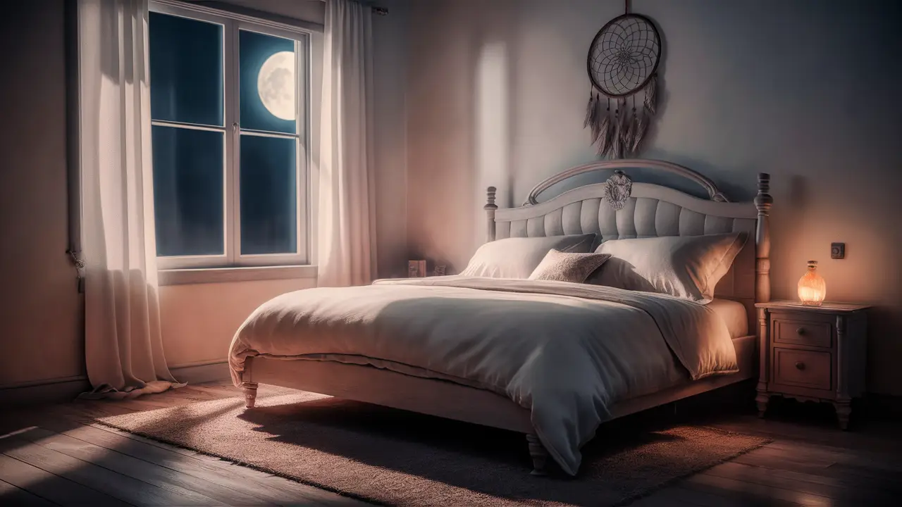 Quarto sereno com cama de madeira, lençóis brancos, apanhador de sonhos, luz da lua e abajur aceso na mesa de cabeceira.