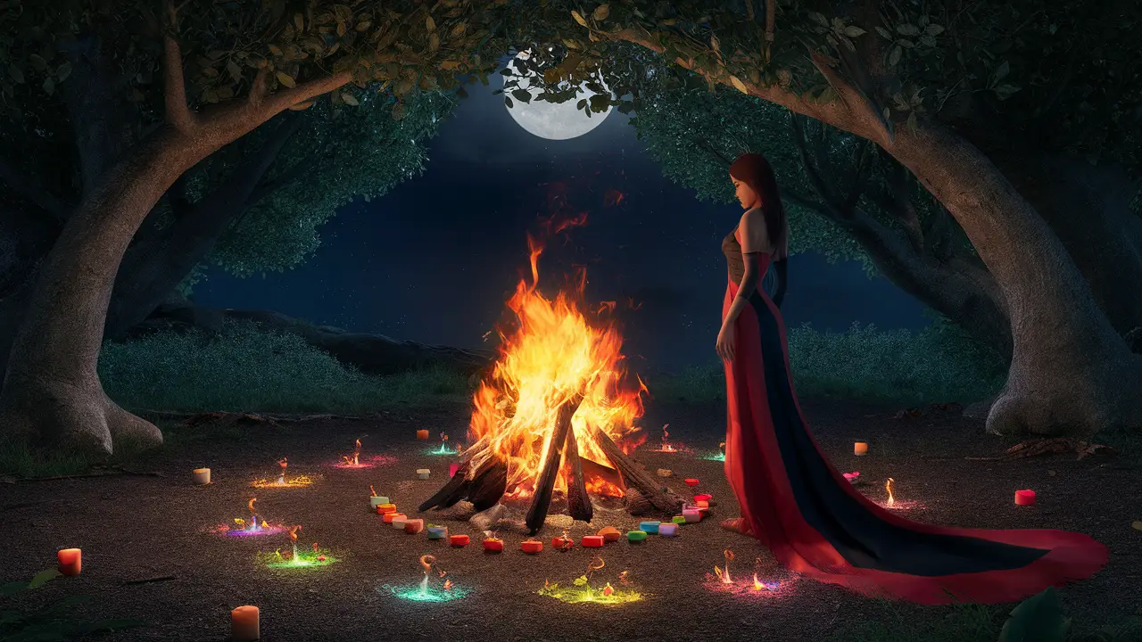 Fogueira noturna em floresta com figura feminina em vestido vermelho e preto, cercada por velas coloridas e oferendas.