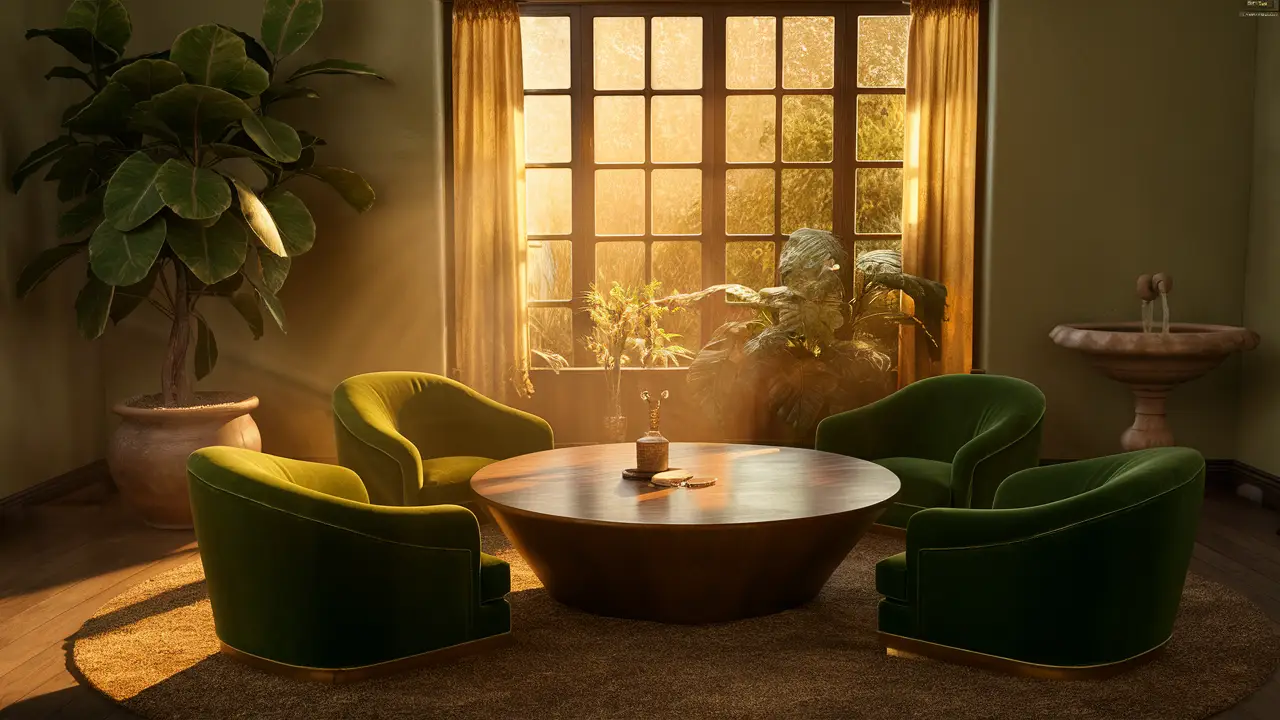 Sala de estar com mesa redonda de madeira, cadeiras de veludo verde, planta alta e fonte d'água iluminada.