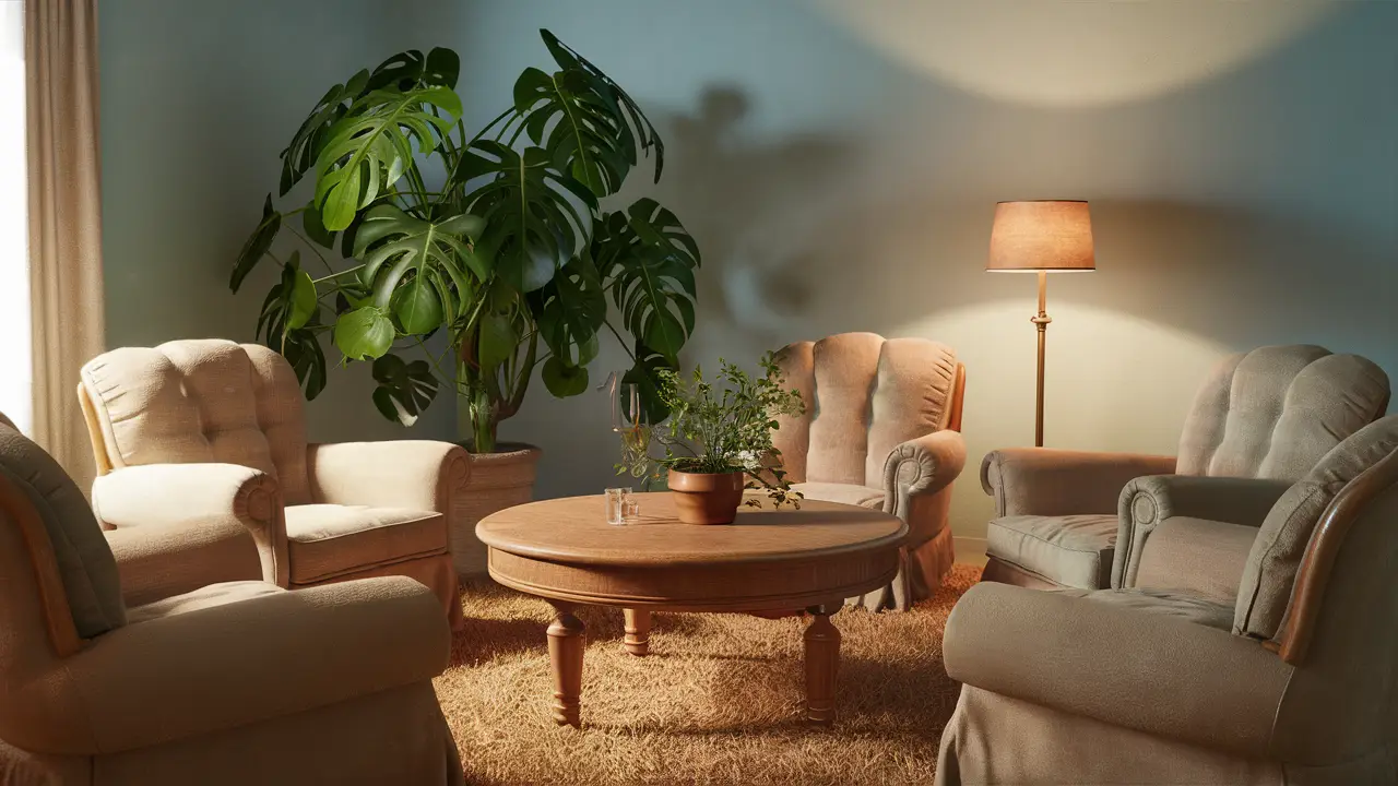 Sala de estar aconchegante com mesa redonda de madeira, quatro poltronas e um vaso de planta verde sob uma luz suave.