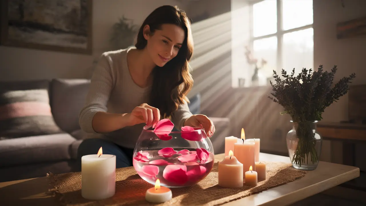 Mulher colocando pétalas de rosa em tigela de vidro com água, rodeada por velas acesas e vaso de lavanda iluminado pelo sol.