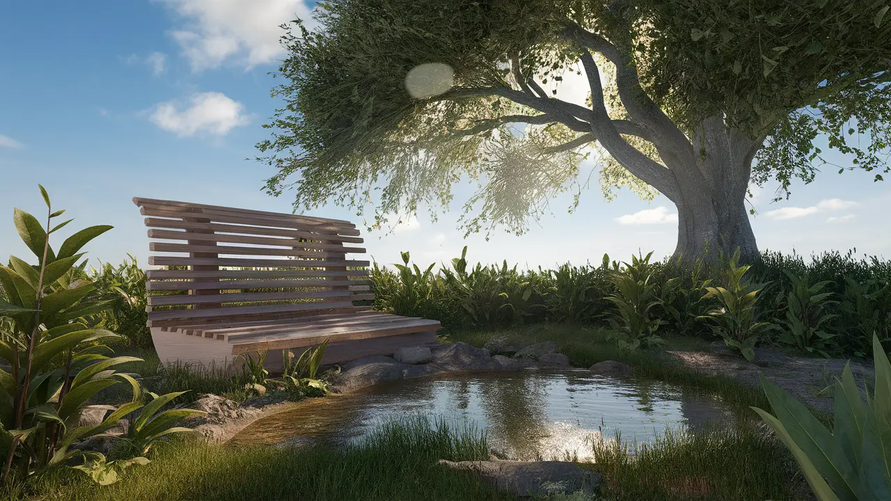 Banco de meditação de madeira cercado por plantas verdes e um pequeno lago sob céu azul claro.