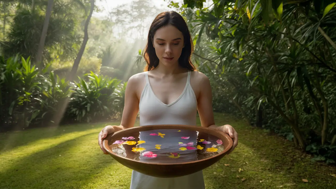 Mulher em jardim sereno segurando tigela de madeira com água límpida e pétalas coloridas sob luz suave do sol.