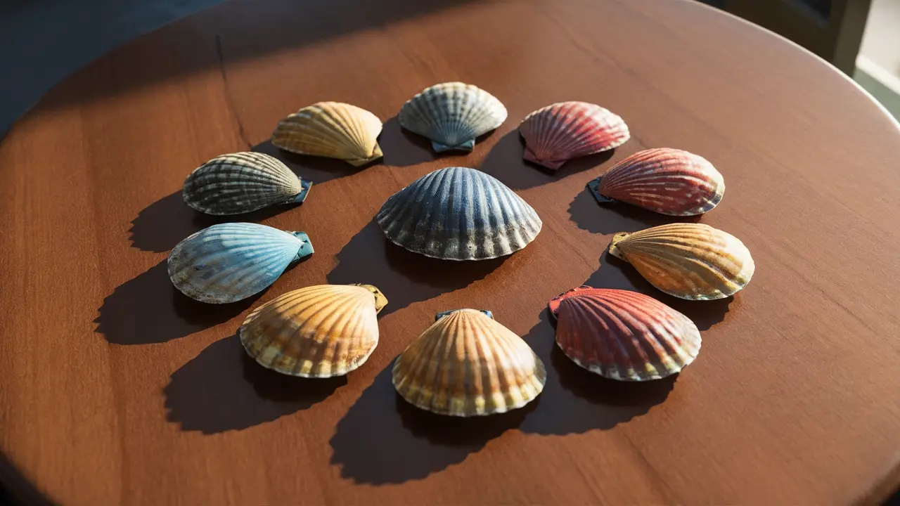 Búzios coloridos dispostos em círculo sobre uma mesa de madeira com sombras suaves ao sol.