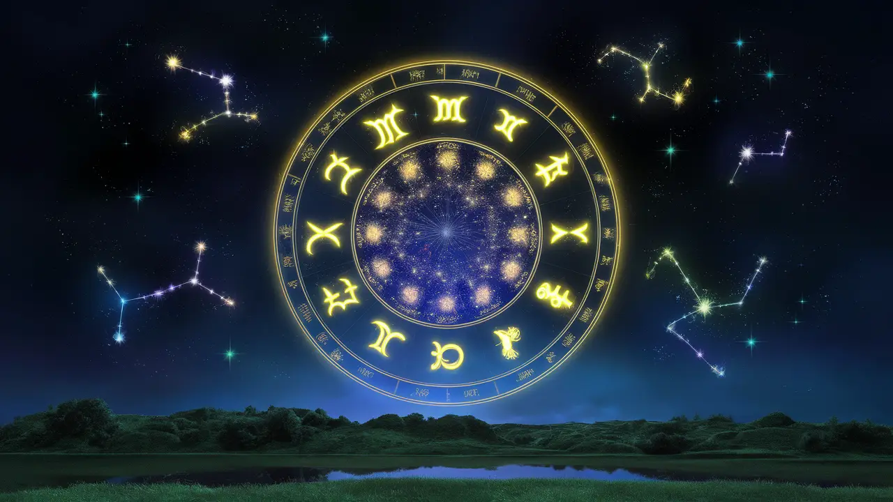 Carta astrológica luminosa flutua sobre paisagem serena, constelações zodiacais brilham em cores vibrantes no céu noturno.