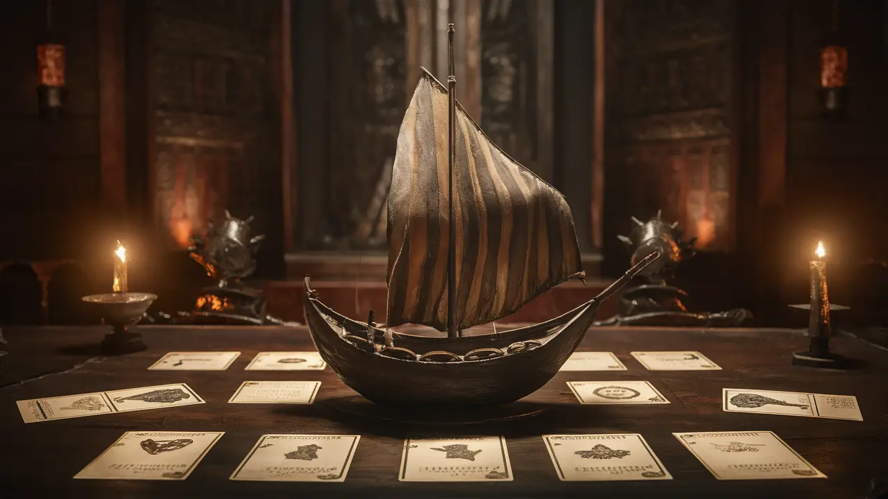 Cartas de Tarô de Marselha dispostas em uma mesa de madeira com cristais e uma vela acesa ao lado.