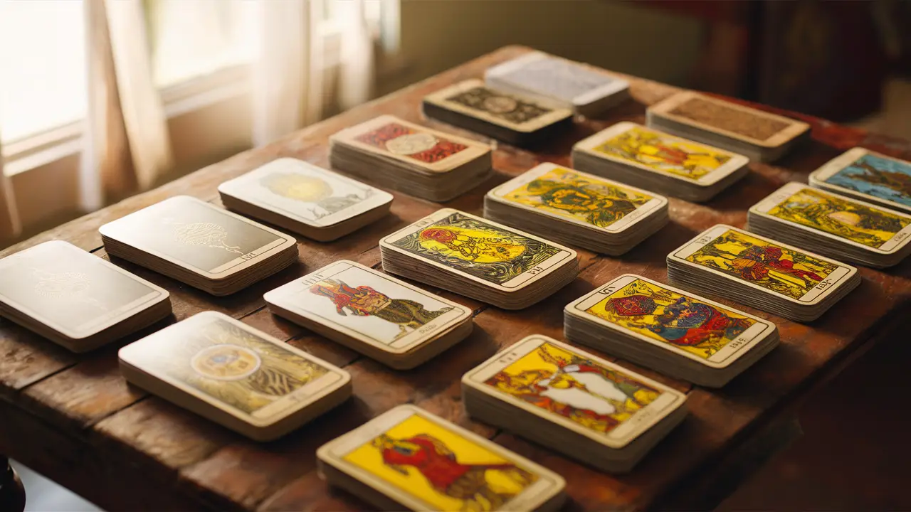 Vários baralhos de tarot dispostos em uma mesa de madeira, cada um com padrões e cores vibrantes nas costas das cartas.