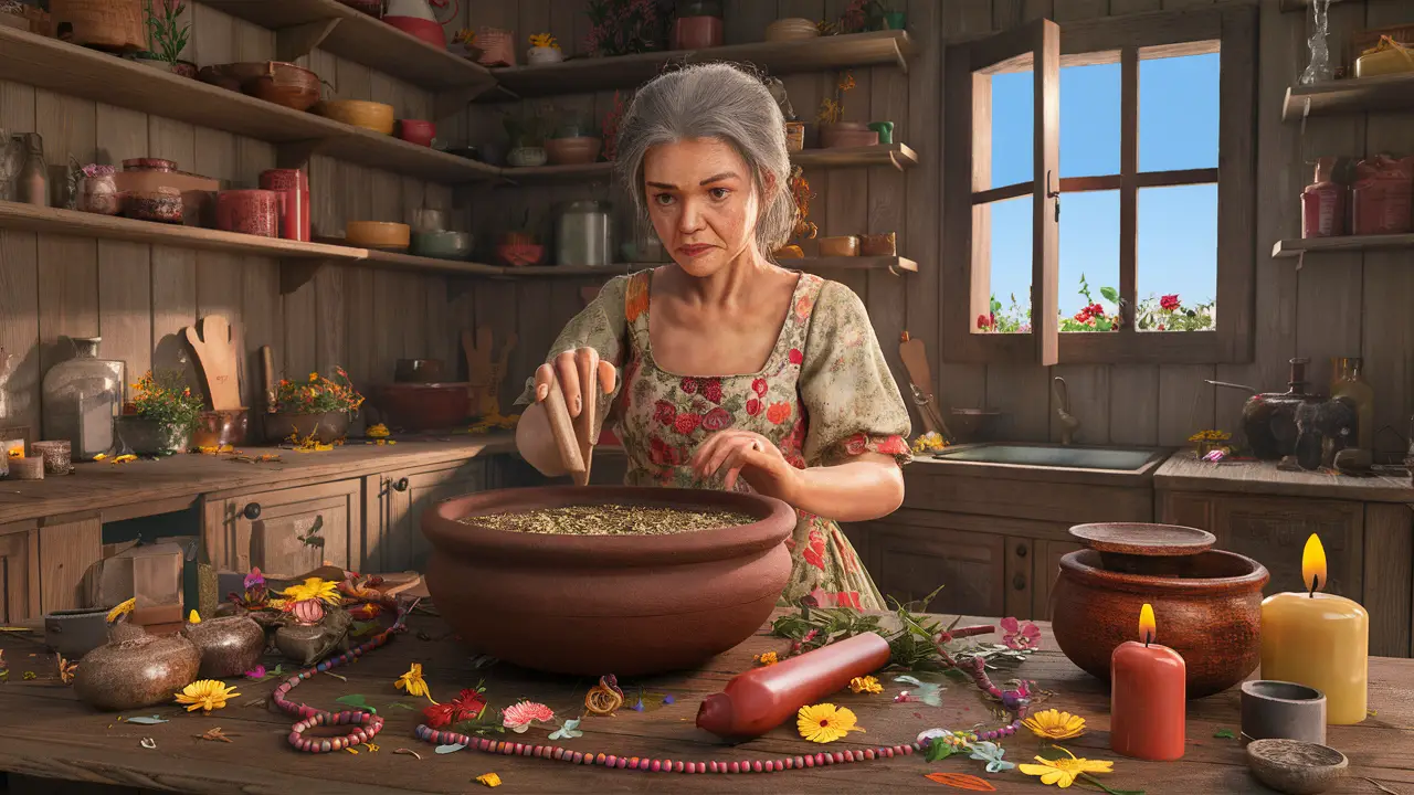Idosa prepara poção herbal tradicional em tigela de barro, cercada por flores, contas e velas coloridas em cozinha rústica.