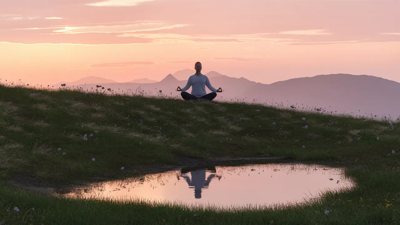 Pessoa meditando ao pôr do sol em colina gramada com flores e lago refletindo céu laranja e montanhas distantes.