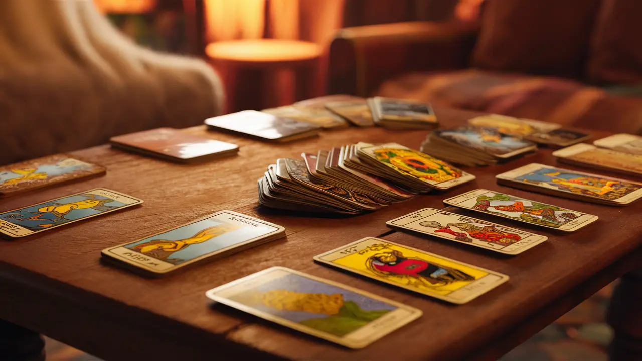 Mesa de madeira com baralhos de tarot variados e cartas espalhadas sob luz ambiente em sala aconchegante.