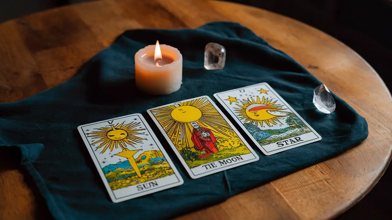 Mesa com cartas de tarô, incluindo Sol, Lua e Estrela, sobre pano de veludo escuro com vela acesa e cristal pequeno.
