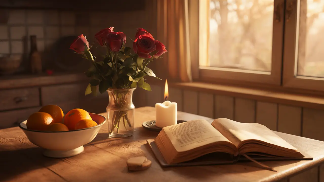 Cozinha acolhedora com mesa, vaso de rosas vermelhas, vela acesa, tigela de laranjas e livro aberto iluminado por luz solar.