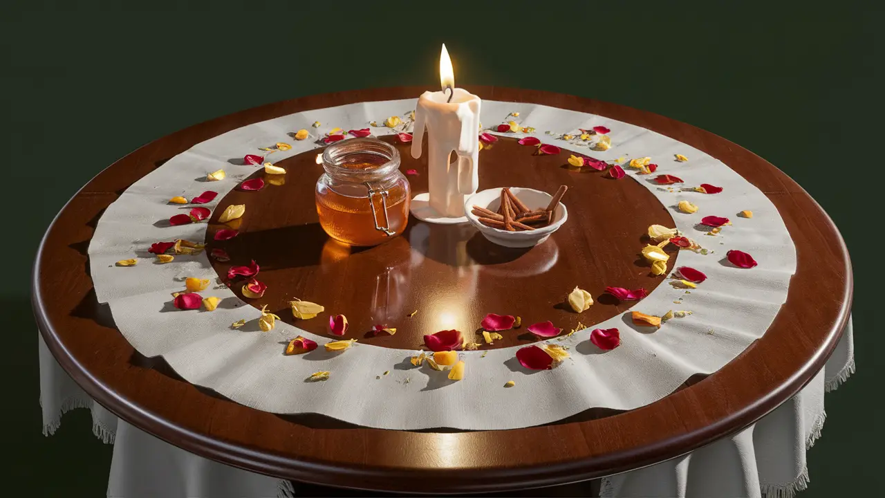 Petalas de rosa coloridas ao redor de um pote de mel e canela sobre uma mesa de madeira com toalha branca.