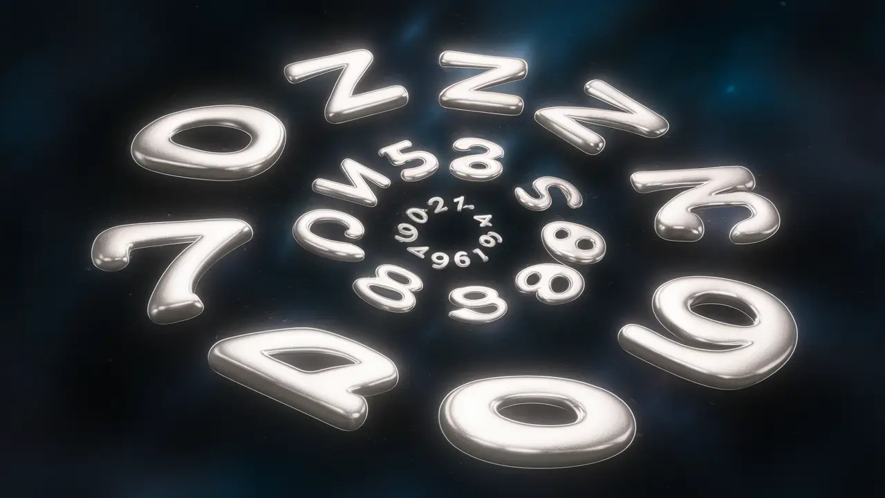 Números 0 a 9 em espiral flutuando em fundo cósmico azul escuro, com estrelas brancas pequenas.