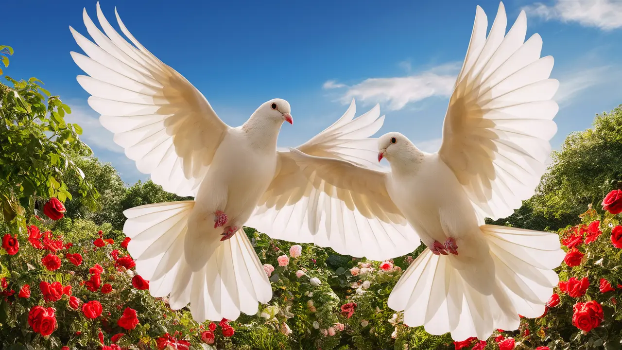Duas pombas brancas voando sobre um jardim exuberante com rosas vermelhas e folhagem verde sob céu azul claro.