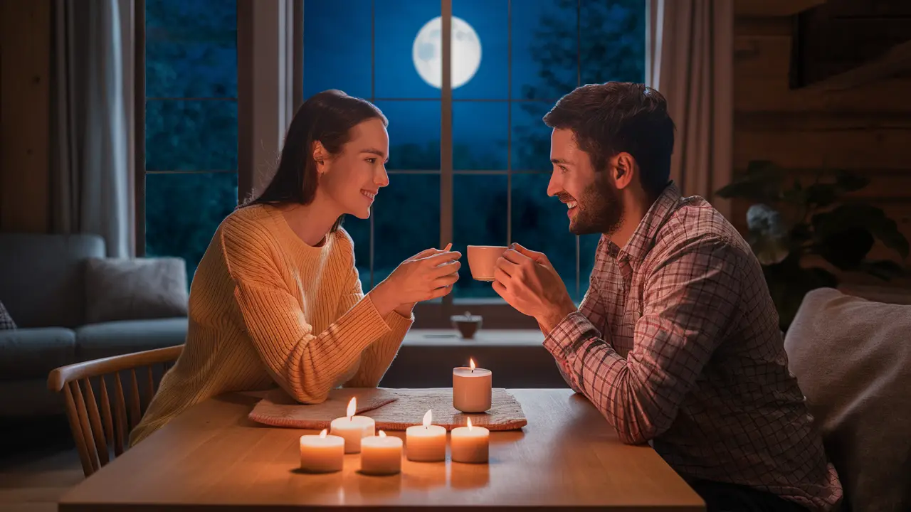 Duas pessoas em uma sala de estar aconchegante, compartilhando chá e cercadas por velas acesas, com janela mostrando noite iluminada pela lua.