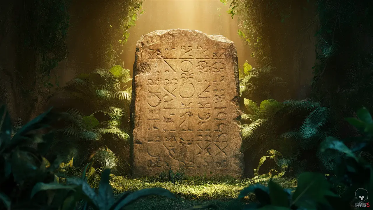 Grande tabuleta de pedra antiga com números intricados cercada por folhagem verde e iluminada por luz dourada suave.
