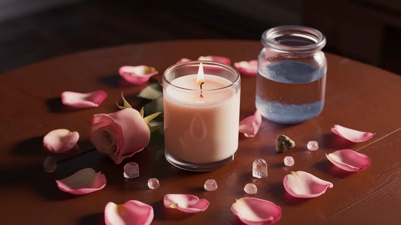 Candle surrounded by rose petals, crystals, and a glass jar on a wooden table with warm lighting.