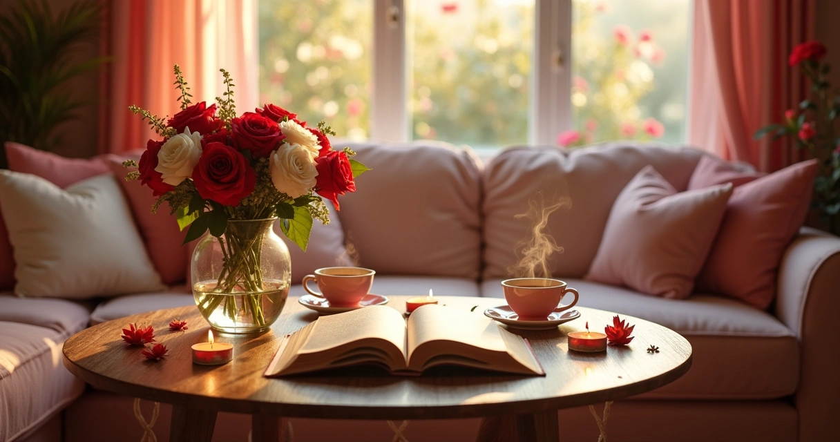 Cena romântica com mesa de madeira, flores, velas e xícaras de chá em um ambiente aconchegante.