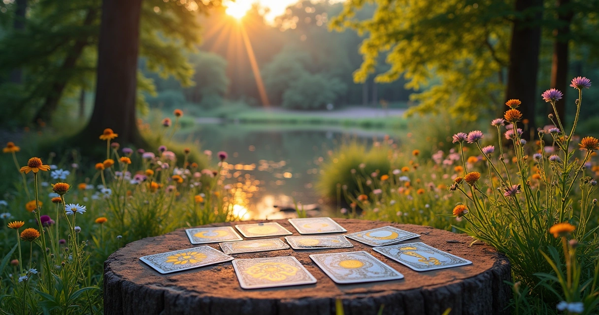 Cena mística de um bosque com cartas de tarot espalhadas em uma mesa de madeira antiga.