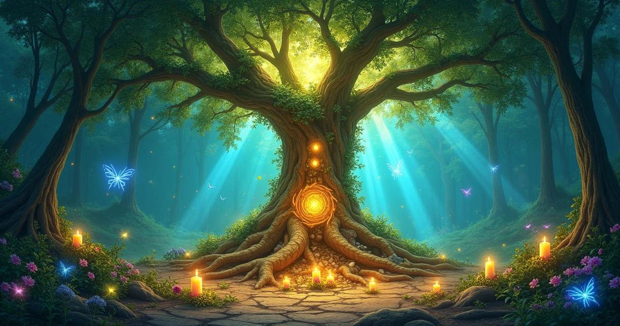 Limpo claro com uma árvore antiga no centro, símbolos de simpatias e objetos mágicos em uma floresta mágica.
