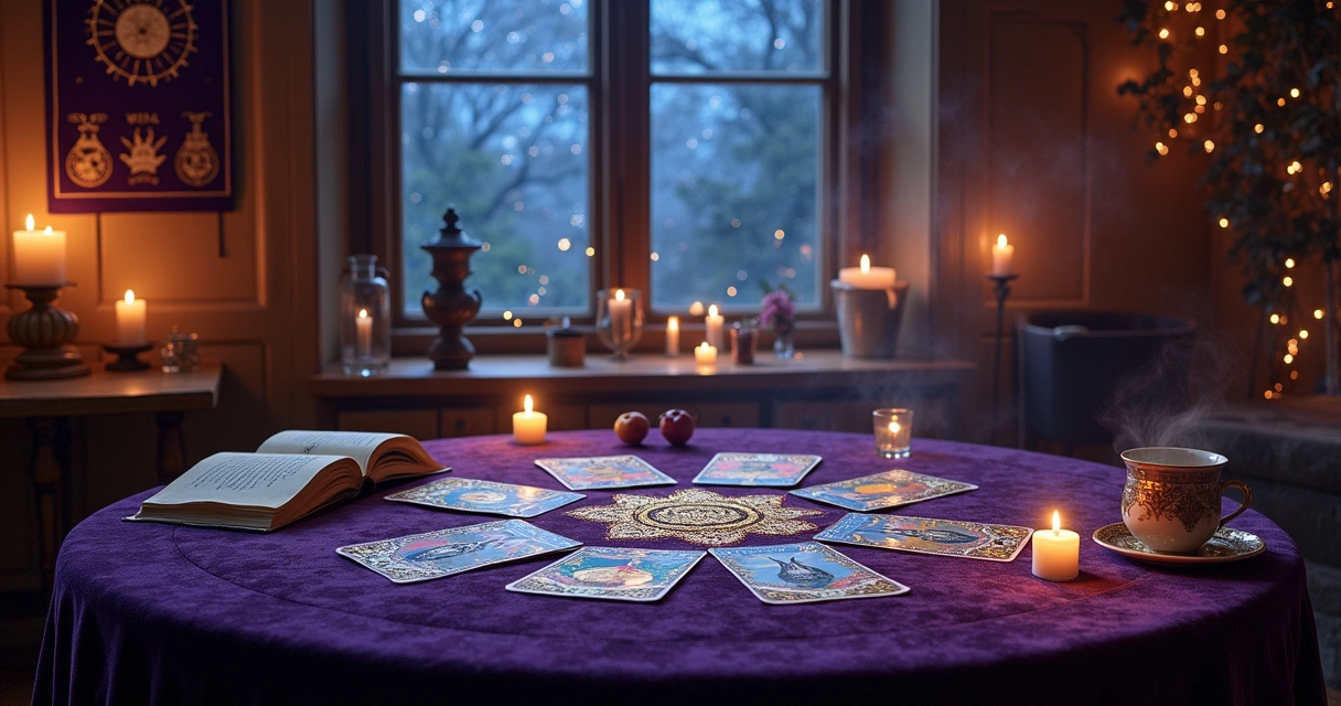 Leitura de cartas de tarot em uma sala iluminada por velas, com um conjunto de cartas e um livro aberto.