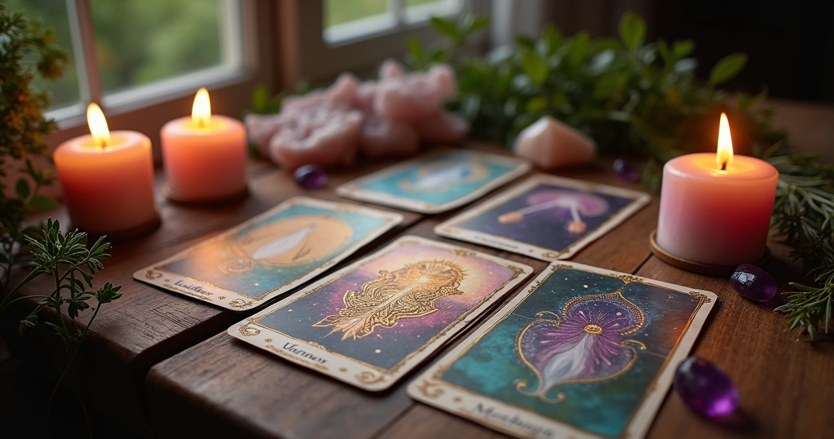 Configuração de leitura de tarô com cartas, ervas e cristais em luz suave, ambiente místico.