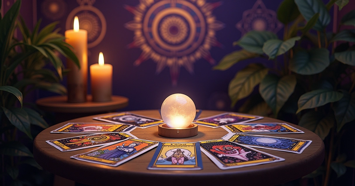 Uma leitura de Tarô em uma sala iluminada, com cartas sobre uma mesa de madeira e uma bola de cristal no centro.