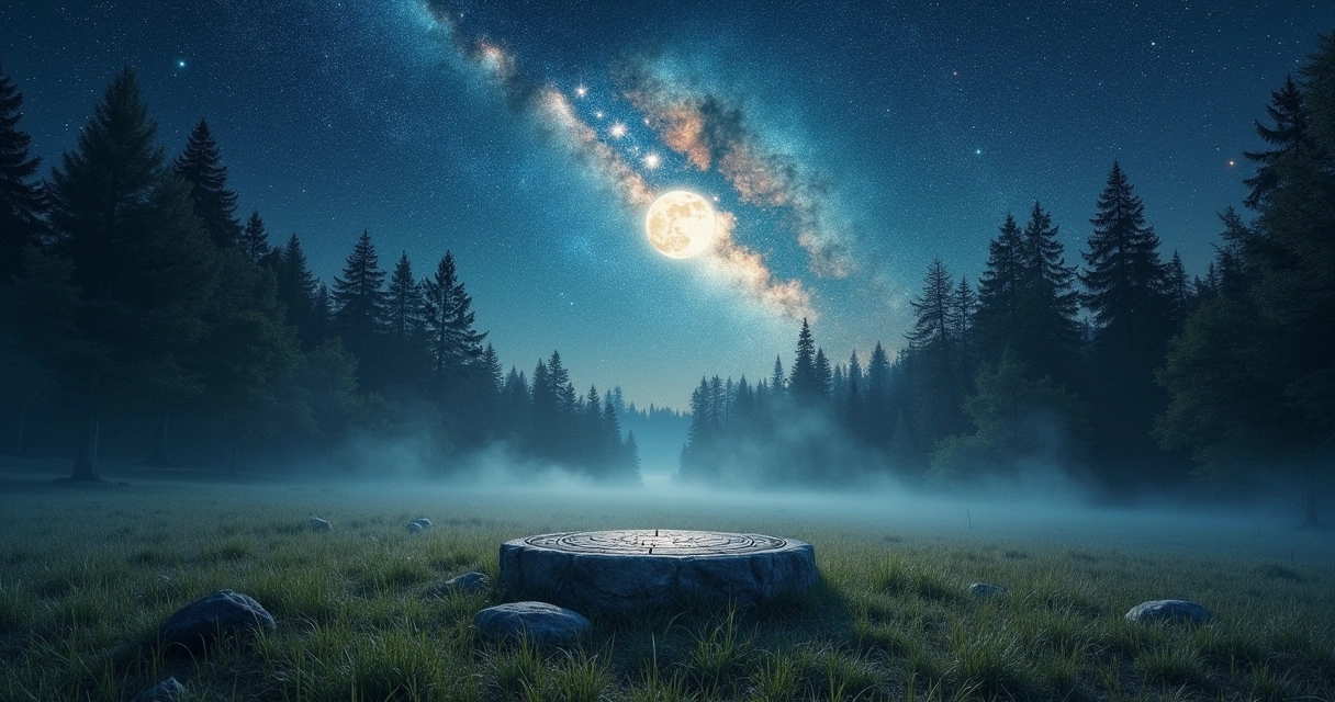 Noite estrelada com um altar de pedra e símbolos astrológicos em um bosque tranquilo.