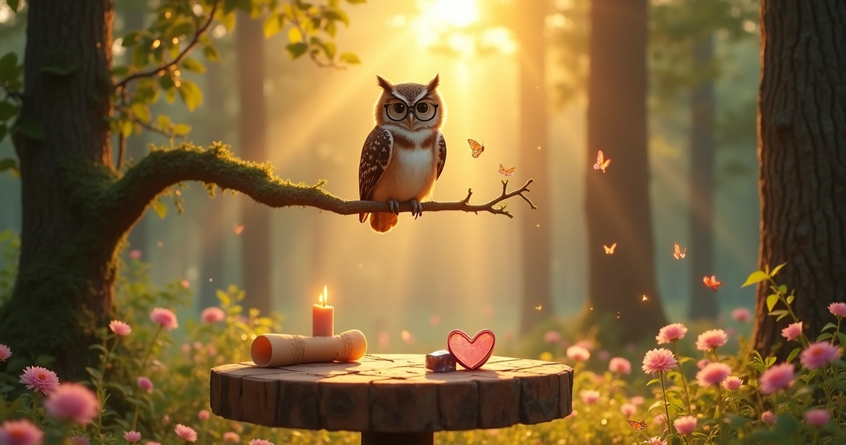 Uma cena mágica de uma clareira na floresta com um mocho e um ritual de amor-próprio.