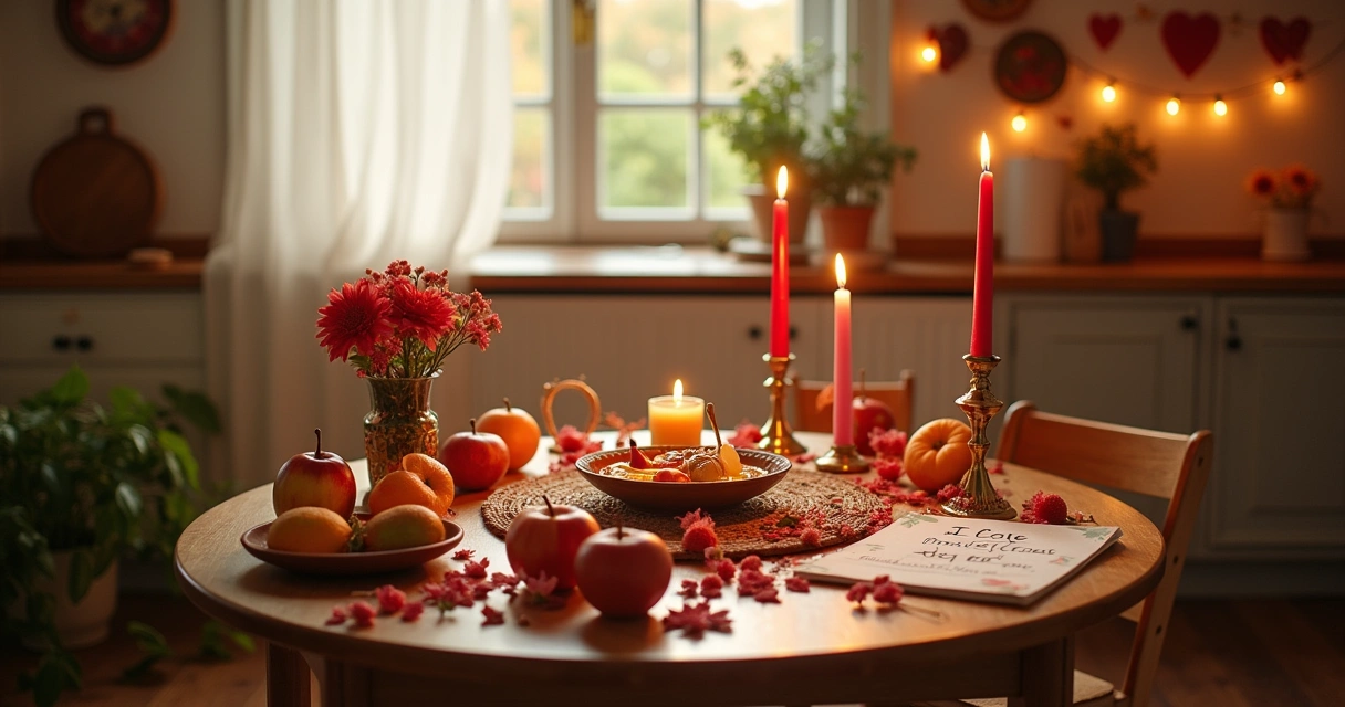 Ambiente acolhedor de cozinha com altar de simpatias para adoçar relacionamentos.
