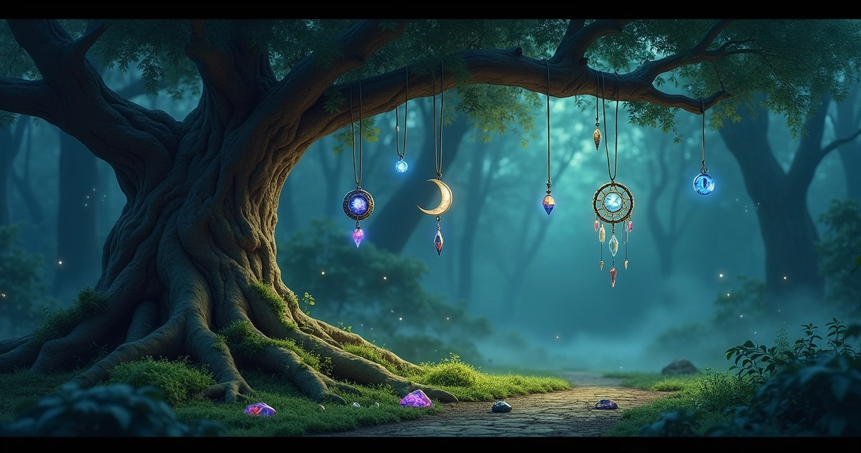 Amuletos protetores pendurados em uma árvore em um bosque sob a luz do crepúsculo, com uma atmosfera mágica.