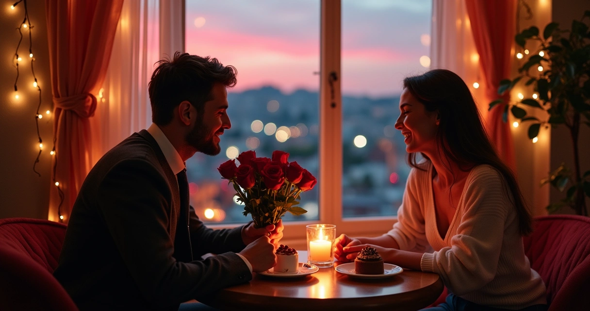 Casal em um café romântico durante o anoitecer, com flores e sobremesa compartilhada na mesa.
