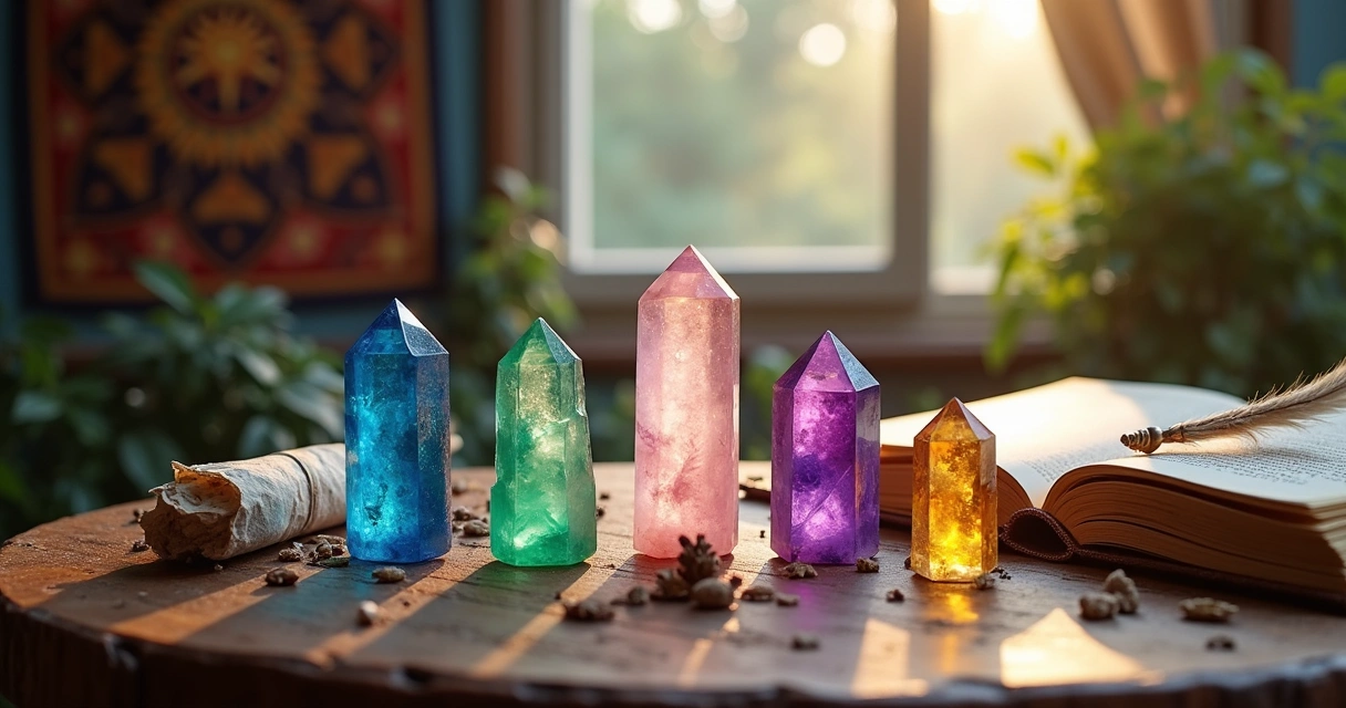 Disposição de cinco cristais coloridos em uma mesa de madeira, acompanhados de itens espirituais.