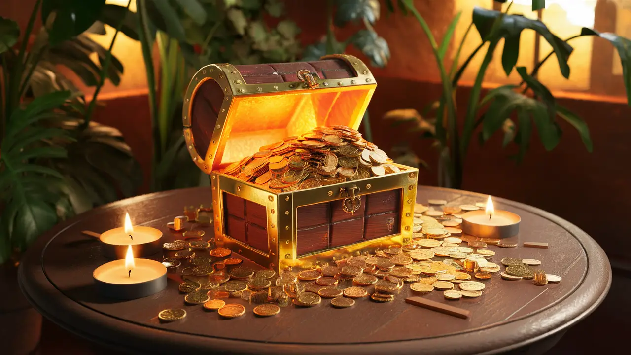 Cofre de tesouro dourado brilhante transbordando moedas em mesa de madeira com plantas verdes e velas acesas ao redor.