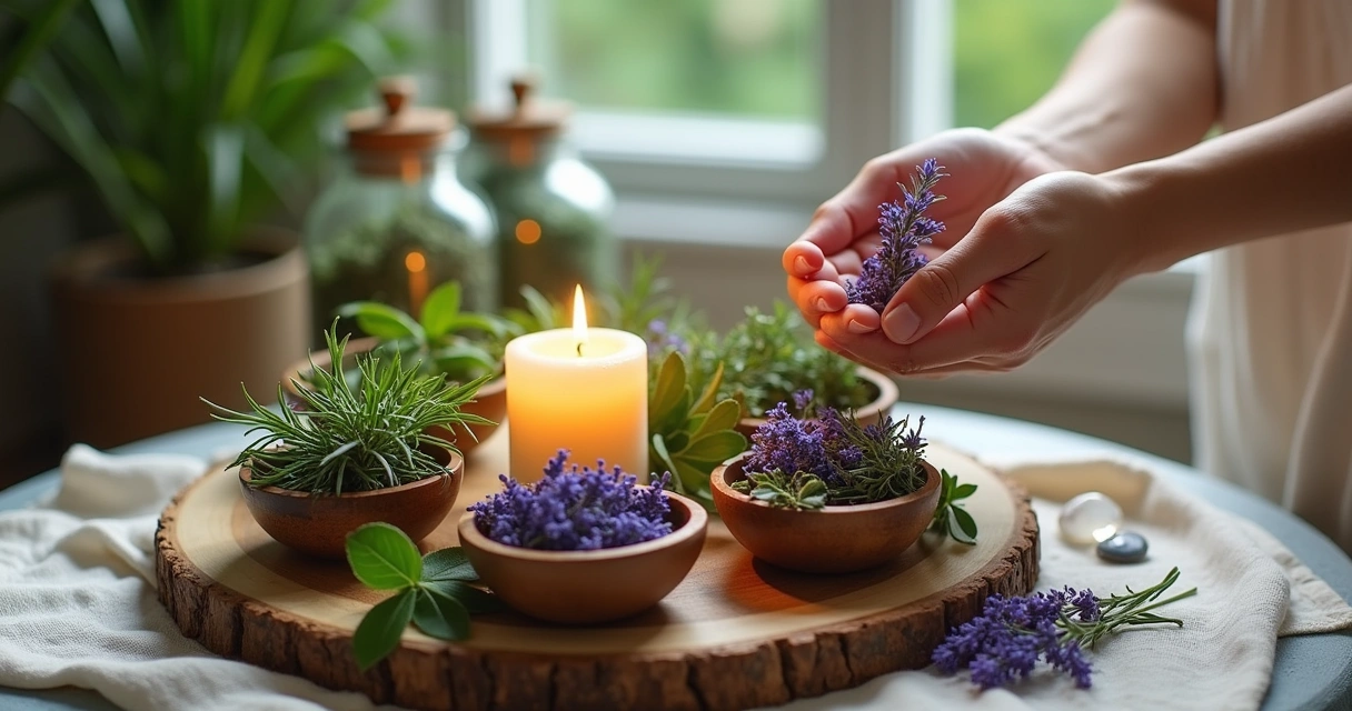 Ervas terapêuticas dispostas em uma mesa, com velas e elementos naturais ao fundo.