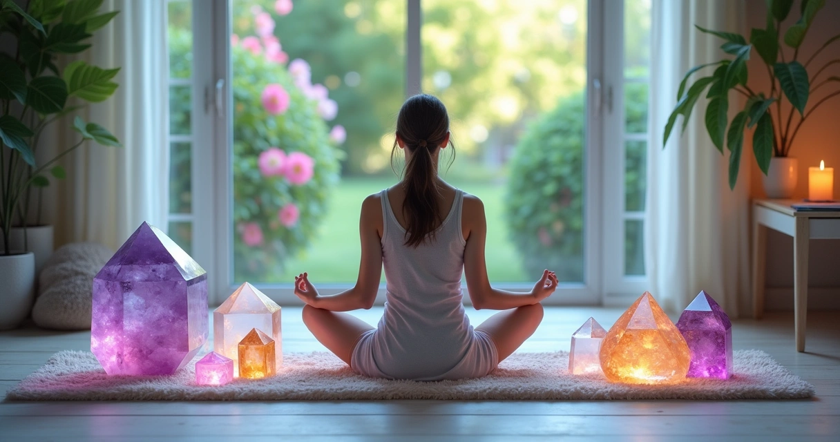 Espaço de meditação sereno com cristais coloridos, uma pessoa sentada e vista para um jardim tranquilo.